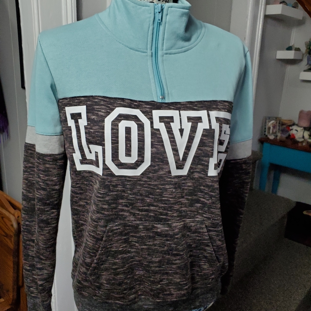 TEAL, WHITE, & BLACK & BROWN BLENDED PULLOVER "LOVE" 1/4 ZIP PULLOVER SWEATSHIRT - Picture 8 of 15